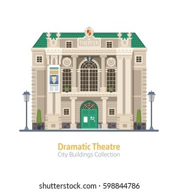 Dramatic theatre building isolated on white background. Music theater exterior vector illustration. City culture and entertainment landmark with historical monument facade.