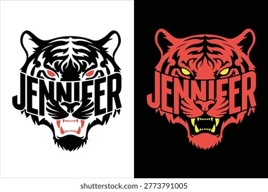 Dramatic tiger head emblem featuring the name JENNIFER incorporated into its design. Available in striking contrast and glowing neon styles for powerful branding.