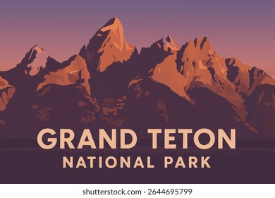 The dramatic and towering cliffs of Grand Teton National Park at dusk, bathed in the golden glow of sunset, with rugged mountains reaching into the sky.