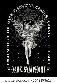 A dramatic vector illustration depicting a horned, winged figure playing a violin, surrounded by radiant lines and gothic typography, conveying a dark symphony.