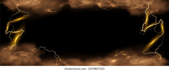 Dramatic vector illustration depicting a stormy sky with lightning bolts striking through dense smoke clouds. The vibrant gold and dark brown hues enhance the sense of a powerful electrical storm