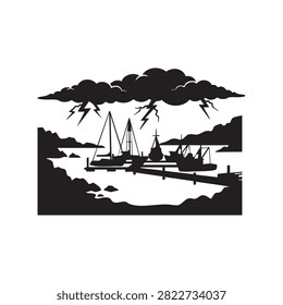 Dramatic vector silhouette of coastal harbor scene during intense thunderstorm. Lightning strikes from dark clouds over boats anchored at wooden pier against rugged mountainous terrain. Graphic artwork conveys powerful weather atmosphere and moody nautical travel concept for dark themes.