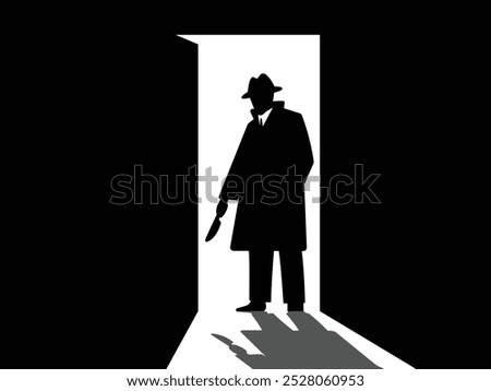 A dramatic vector silhouette of a man in a coat and hat holding a knife, standing in a doorway. The design evokes themes of mystery, danger, and crime, perfect for thriller, horror, or noir projects.