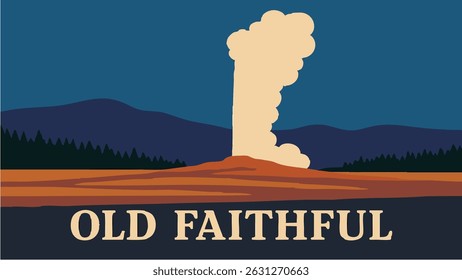 A dramatic vector-style illustration of Old Faithful erupting in Yellowstone National Park, surrounded by natural landscapes and stunning mountain backdrops