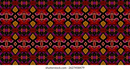 A dramatic and vibrant pattern design showcasing deep red, gold, and purple tones with symmetrical geometric elements, ideal for modern backgrounds and decorative projects.