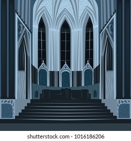 Dramatic view on altar from nave inside Cathedral Church. Interior of Catholic Basilica at night. Simplified realistic hand draw comic art style. Vector illustration