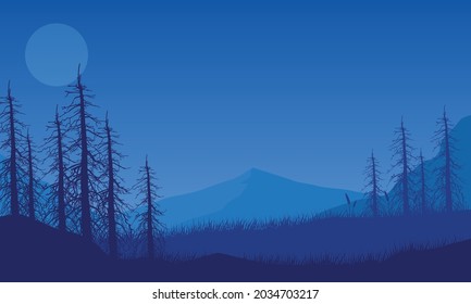 Dramatic views of the mountains with a forest at night from the out of the city. Vector illustration of a city
