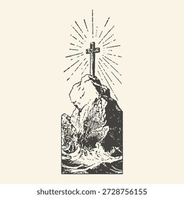 Una ilustración vintage dramática representa una cruz en una montaña rocosa con vistas a aguas agitadas, con rayos radiantes que emanan de la cruz.