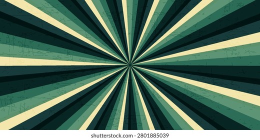 Dramatic vintage sunburst background with dark green rays on beige paper and a distressed grunge texture. Perfect for circus posters, retro designs,nostalgic visual concepts, antique flair