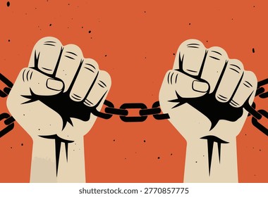 A dramatic visual of two clenched fists bound by a chain, symbolizing oppression, struggle, captivity, and the fight for freedom.