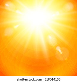 Dramatic vivid golden sunburst in a fiery orange sky with sun flare in square format for use as a background or design element, vector illustration