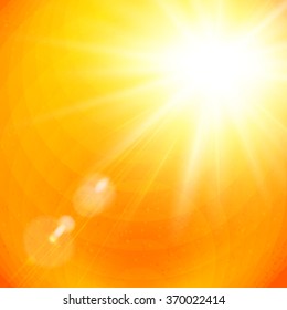 Dramatic vivid sunburst in a fiery orange sky with sun flare in square format for use as a background or design element. Vector illustration.