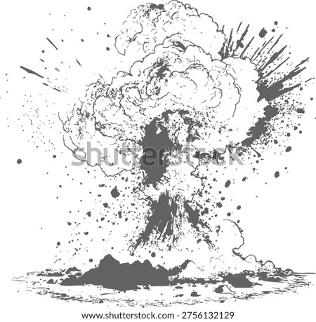 Dramatic Volcanic Eruption on Remote Island With Explosive Ash Plume and Debris Splash.