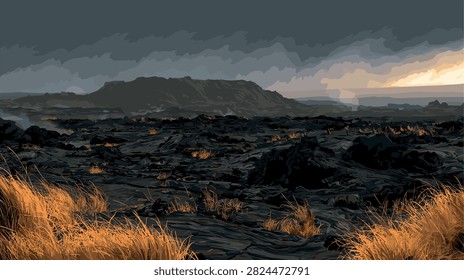Dramatic Volcanic Landscape with Glowing Lava and Stormy Sky