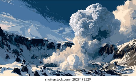 Dramatic Winter Volcanic Eruption in Snowy Mountain Landscape