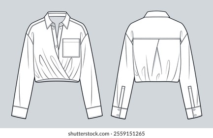 Draped Collar Shirt technical fashion Illustration. Crop Blouse fashion flat technical drawing template, buttons, pocket, front and back view, white, women, men, unisex CAD mockup.