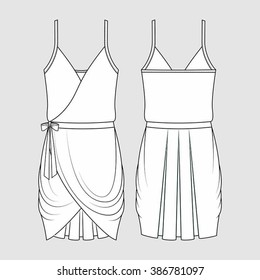 Draped formal dress. Fashion Illustration, CAD, Technical Drawing, Specification Drawing, Pen Tool, Editable.