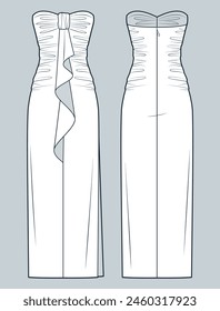 Draped Maxi Dress technical fashion illustration. Bustier Dress fashion flat technical drawing template, ruffle, side slit, back zipper, front and back view, white, women Dress CAD mockup.