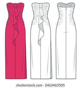 Draped Maxi Dress technical fashion illustration. Bustier Dress fashion flat technical drawing template, ruffle, side slit, back zipper, front, back view, white, magenta color, women Dress CAD mockup.