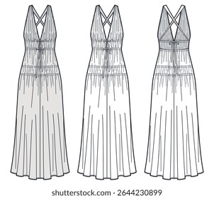 Draped Maxi Dress Technical Fashion Illustration. Crisscross Halter Neck Dress fashion flat technical drawing template, gathered, tie, backless, front and back view, white, grey, women CAD mockup.