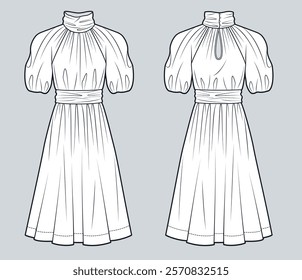 Draped midi Dress technical fashion illustration. High Neck Dress fashion flat technical drawing template, puff sleeve, front and back view, white, women Dress CAD mockup.