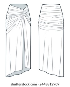 Draped Skirt technical fashion illustration. Maxi Skirt fashion flat technical drawing template, asymmetric, front slit, slim fit, front and back view, white, women Skirt CAD mockup.