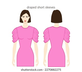 Mangas con pañuelos de corta distancia personaje de ropa hermosa dama de punta rosa, camisa, vestir ilustración de moda técnica, empotrado. Plantilla plana de prendas delanteras, laterales traseros. Mujeres, hombres unisex CAD mockup