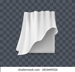 Draped table covers. Big realistic hanging napkin, tablecloth, curtain. White silk cloth covered tablecloth, fabric curtain secret hidden paintings. Realistic vector on transparent background.