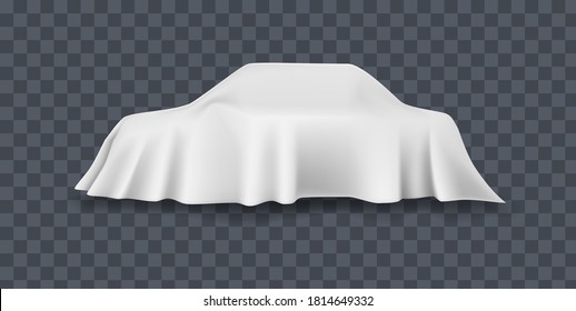 Draped table covers. Big realistic hanging napkin, tablecloth, curtain. White silk cloth covered tablecloth, fabric curtain for car. Realistic illustration vector on transparent background.