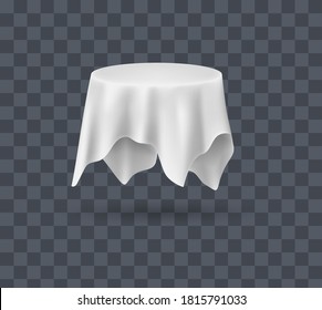 Cubiertas de mesa cubiertas. Gran servilleta, mantel, cortina. Manteles cubiertos de tela de seda blanca, cortinas de tela y mesa redonda oculta. Vector realista sobre fondo transparente.