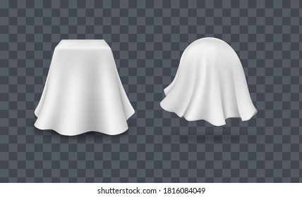 Cubiertas de mesa cubiertas. Gran pareja realista colgando servilleta, mantel, cortina. Manteles cubiertos de tela de seda blanca, cubierta de cortinas de tela. Ilustración realista sobre trasfondo transparente.