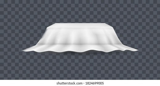 Draped table covers. Big realistic hanging napkin, tablecloth, curtain. White silk cloth covered tablecloth, fabric curtain secret hidden table. Realistic vector on transparent background.