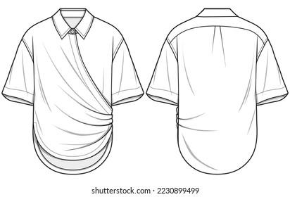 El Envolvente de la cubierta alrededor de la parte trasera lo recorre a lo largo de la vista frontal y posterior de la camiseta. Moda Ilustración, Vector, CAD, Dibujo Técnico, Plano Plano, Plantilla, Trampa.