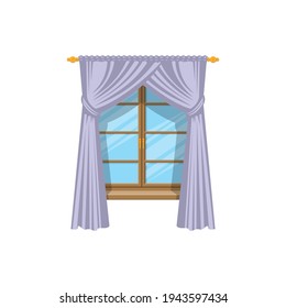 Drapery curtains on cornice at wooden window isolated icon. Vector drapes or shades, home interior and window treatments design. Tab top and sash curtains with rods and valances, vertical shutters