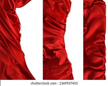 Drapery fabrics. Red cloths vectorized image. Vertical banners, 3d realistic vector set