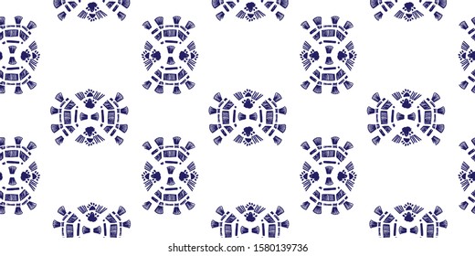 Drapery ikat navajo motif etnic white tribal ornamentalpattern on blue background. Surface background design for cotton fashion. Textile fabric ornament rug.