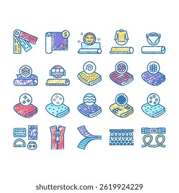 Drapery Shop Sale Collection doodle icons set vector. Felt Velvet, Acrylic Atlas, Silk Satin, Linen Velveteen Drapery Materials sketch hand drawn