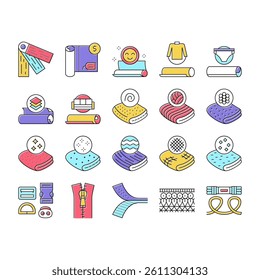 Drapery Shop Sale Collection Icons Set Vector. Felt And Velvet, Acrylic And Atlas, Silk And Satin, Linen And Velveteen Drapery Materials Concept Linear Pictograms. Contour Color Illustrations