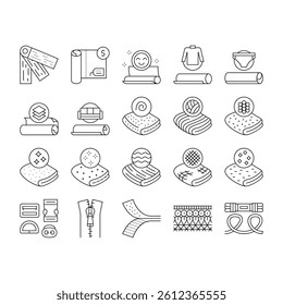 Drapery Shop Sale Collection Icons Set Vector. Felt And Velvet, Acrylic And Atlas, Silk And Satin, Linen And Velveteen Drapery Materials Black Contour Illustrations