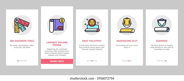 Drapery Shop Sale Onboarding Mobile App Page Screen Vector. Felt And Velvet, Acrylic And Atlas, Silk And Satin, Linen And Velveteen Drapery Materials Illustrations
