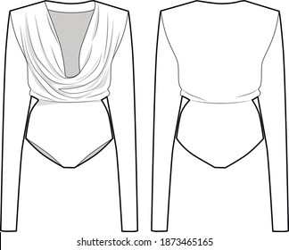 Drapery Twisted Jersey Bodysuit. Fashion vector sketch. Long sleeves