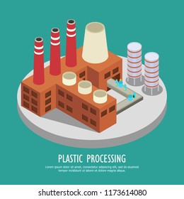 Drastic plastic isometric background with images of factory building and water bottles on continuous belt vector illustration