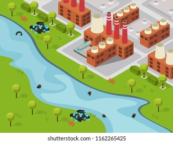 Drastic plastic isometric composition with outdoor landscape and factory building emptying waste to the river vector illustration