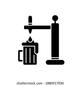 Draught beer black glyph icon. Pouring lager in mug. Beverage from bar. Pub menu. Craft beer. Party booze from dispenser pump. Silhouette symbol on white space. Vector isolated illustration