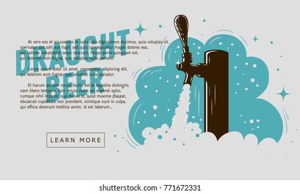 Draught Beer Tap With Foam Web Banner Design For Promotion. Vector Graphic.
