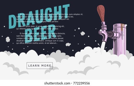 Draught Draft Beer Tap With Foam Web Banner Design For Promotion. Vector Graphic.