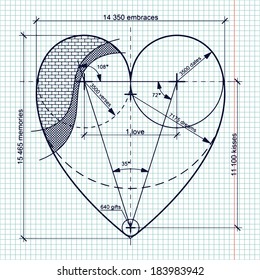 Draught Heart Illustration. Vector sketch that represents heart as engineering draught.