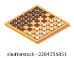 Draughts or checkers, strategy board game for players, playing surface and squares, pieces for moving. Entertainment and recreation, sports and fun or leisure time spending. Vector in flat style