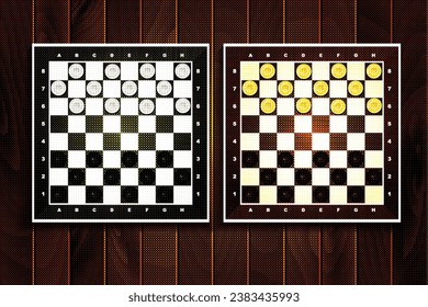 Draughts or checkers, strategy board game for players, playing surface and squares, pieces for moving. Entertainment and recreation, sports and fun or leisure time spending. Vector in flat style
