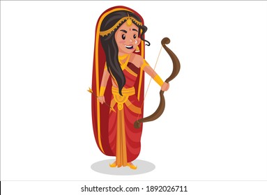 Draupadi is holding bow and arrow in hand. Vector graphic illustration. Individually on a white background.